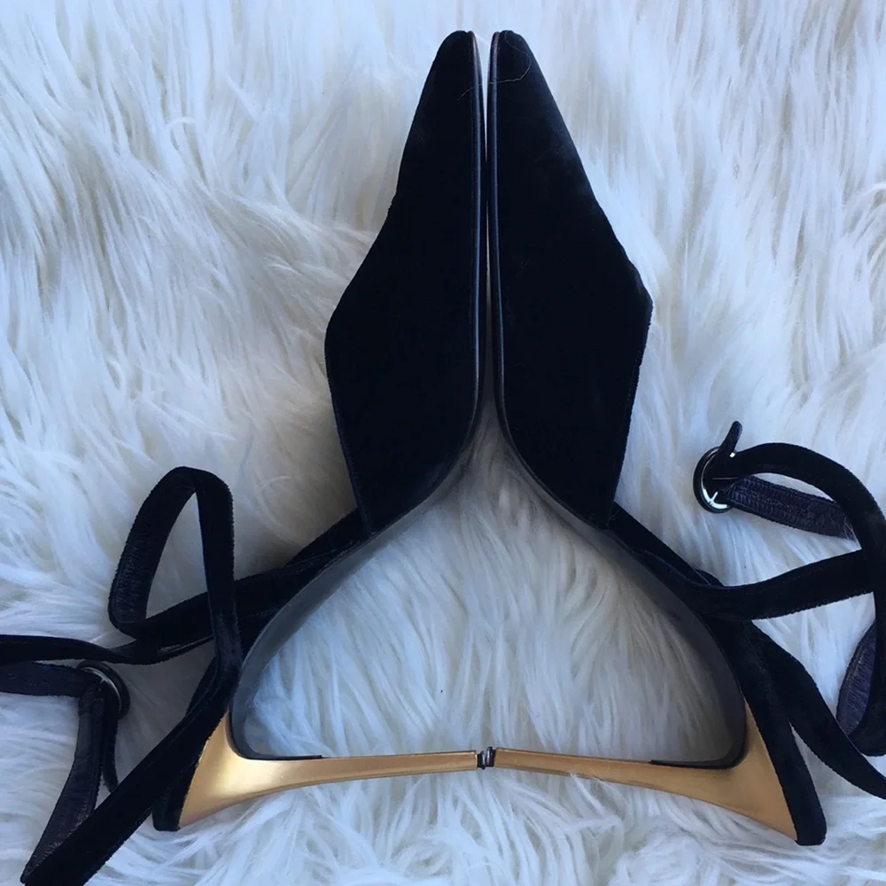 Donna Karan New York Black Velvet Pointy Toe Ankle Strap Heels - Picture 11 of 16
